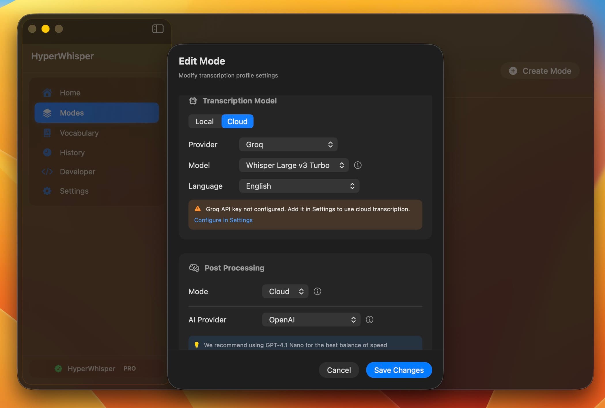 Language and mode selection