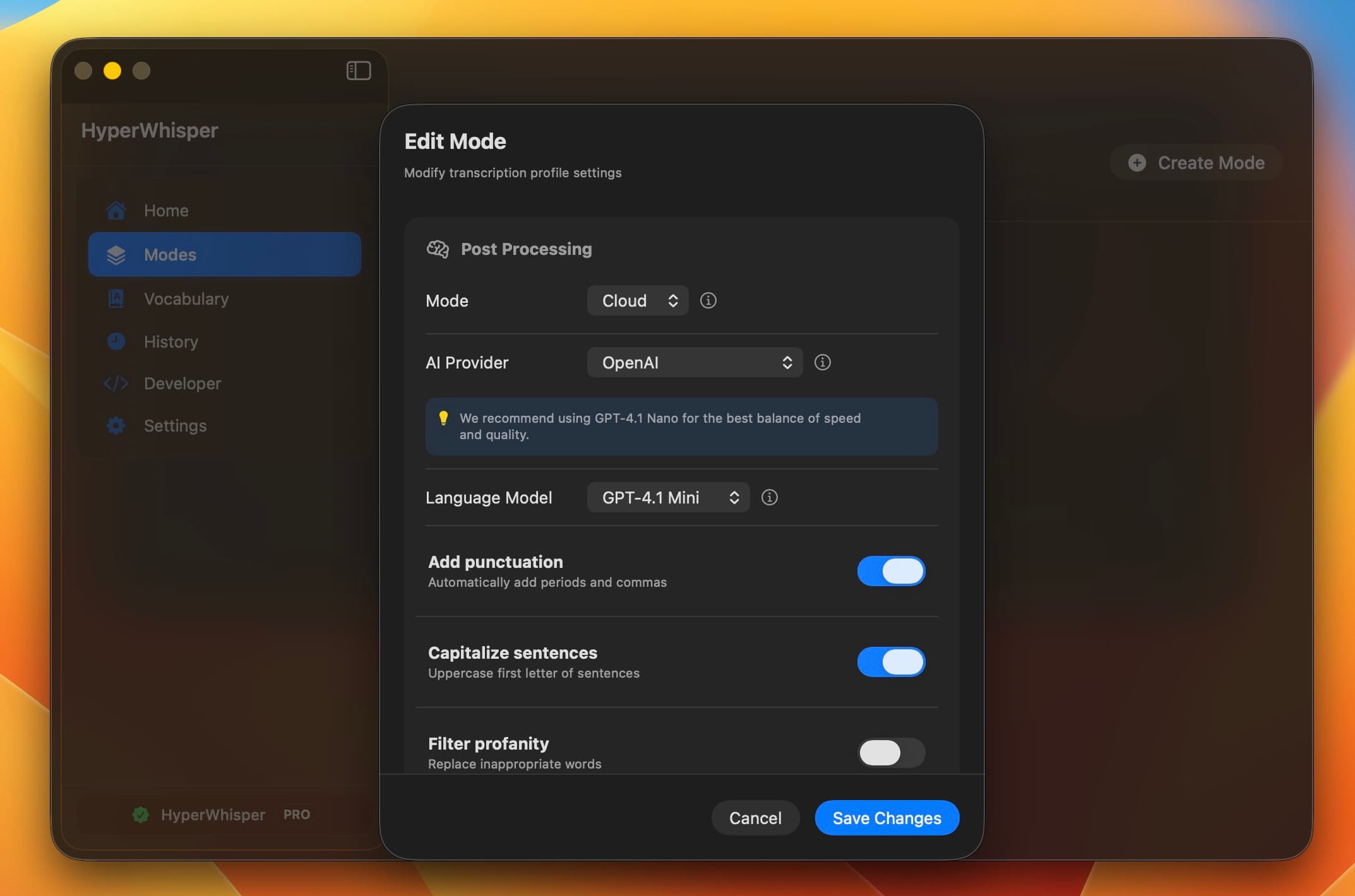 Language and mode selection
