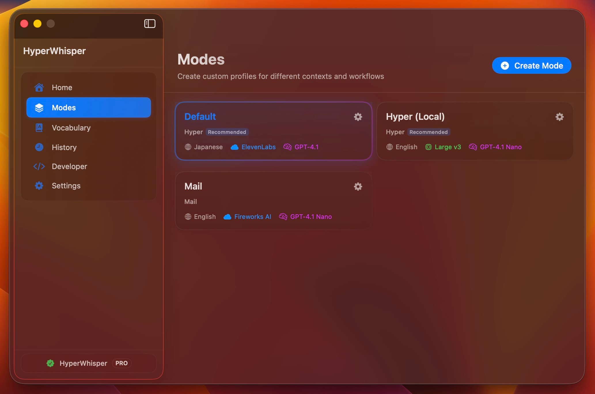 Modes list with a mode selected on the left and detail pane on the right